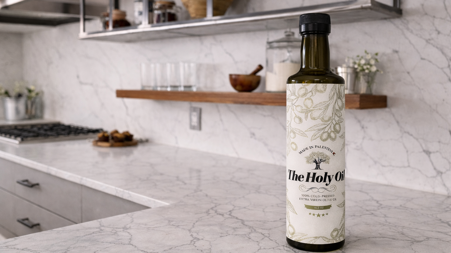 Bottle of 'The Holy Oil' on a kitchen counter with a modern kitchen background